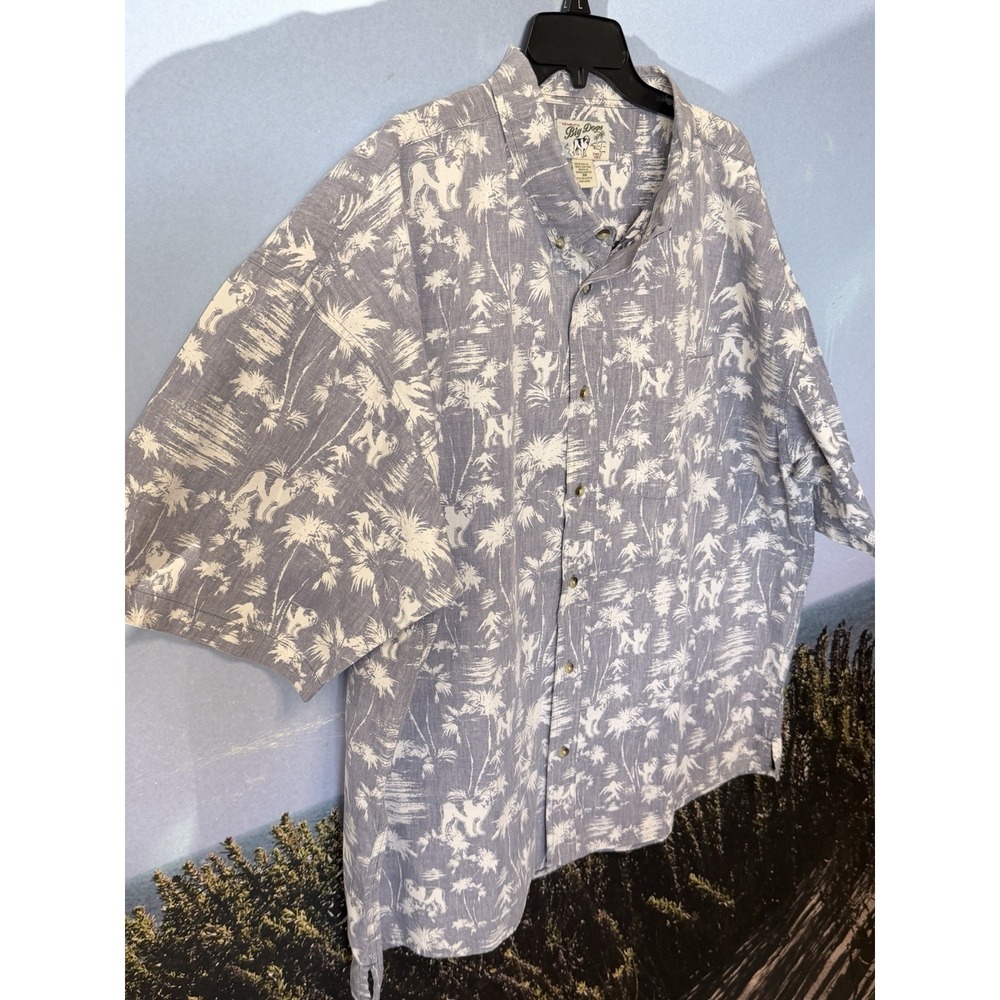 Big Dogs Shirt Mens 3XL Blue Hawaiian Dog Tropical Camp Palms Trees Button Front